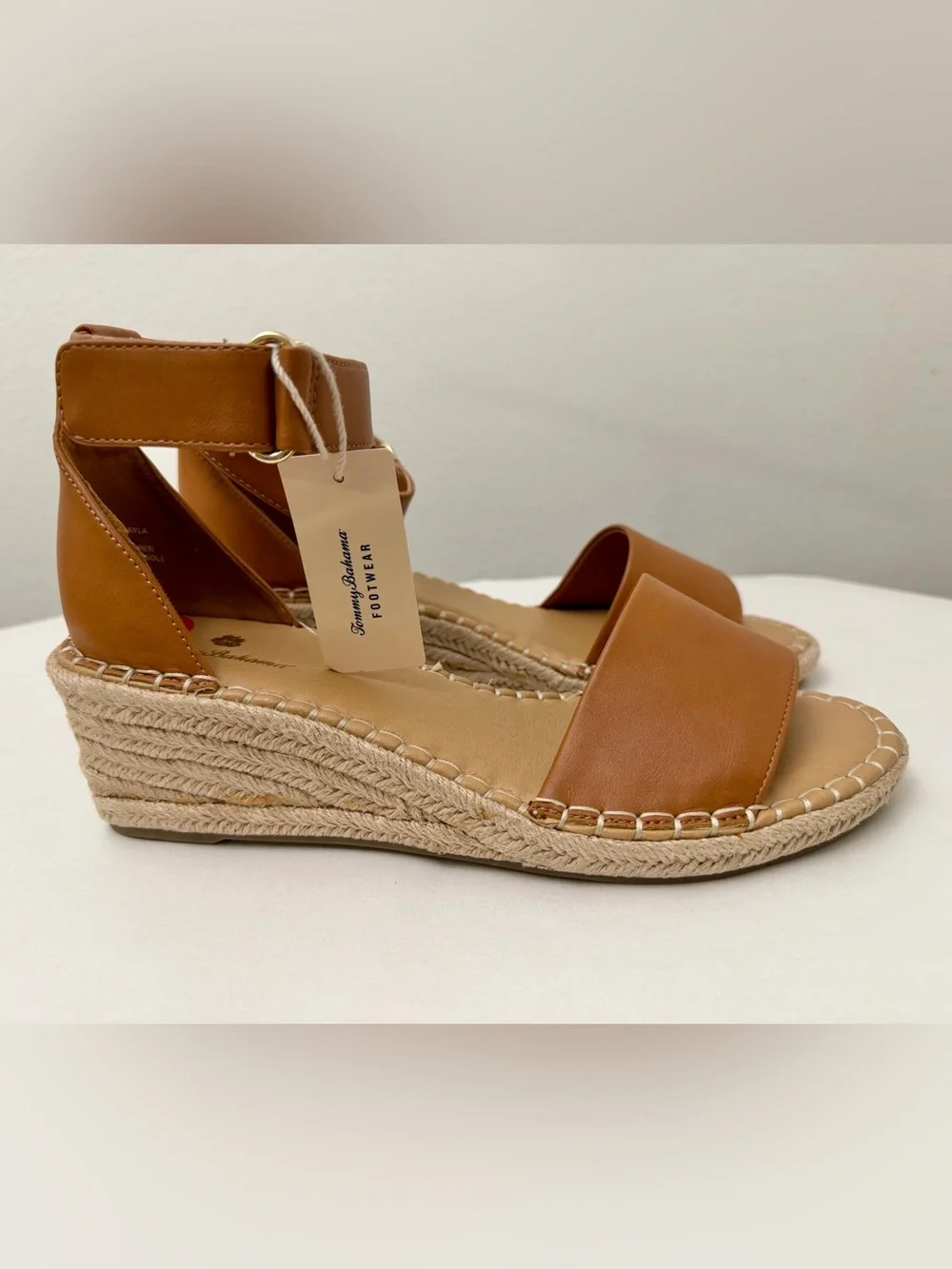 Tommy Bahama Cognac Leather Espadrille Wedges with Ankle Strap